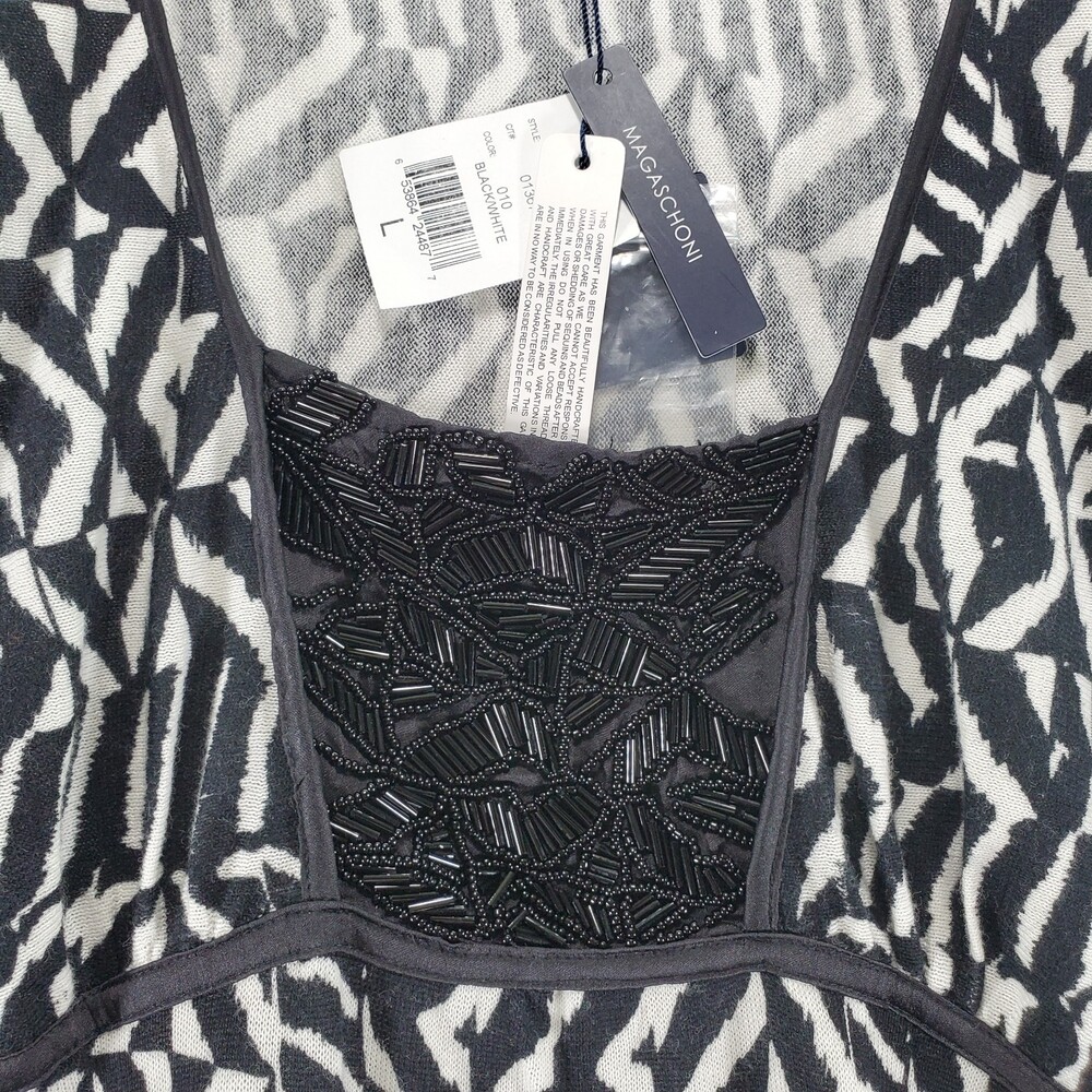 NWT Magaschoni L Knit Tunic Blouse Beaded Black White Tie Waist Stretch Shirt - Picture 4 of 10